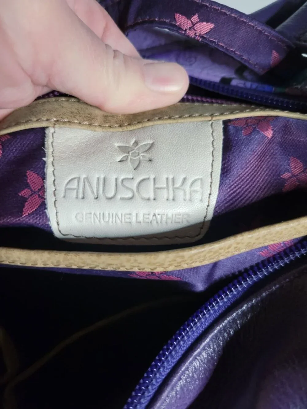 ANUSCHKA Painted Genuine Leather Purple Peonies Paisley Hobo Shoulder Bag EUC
